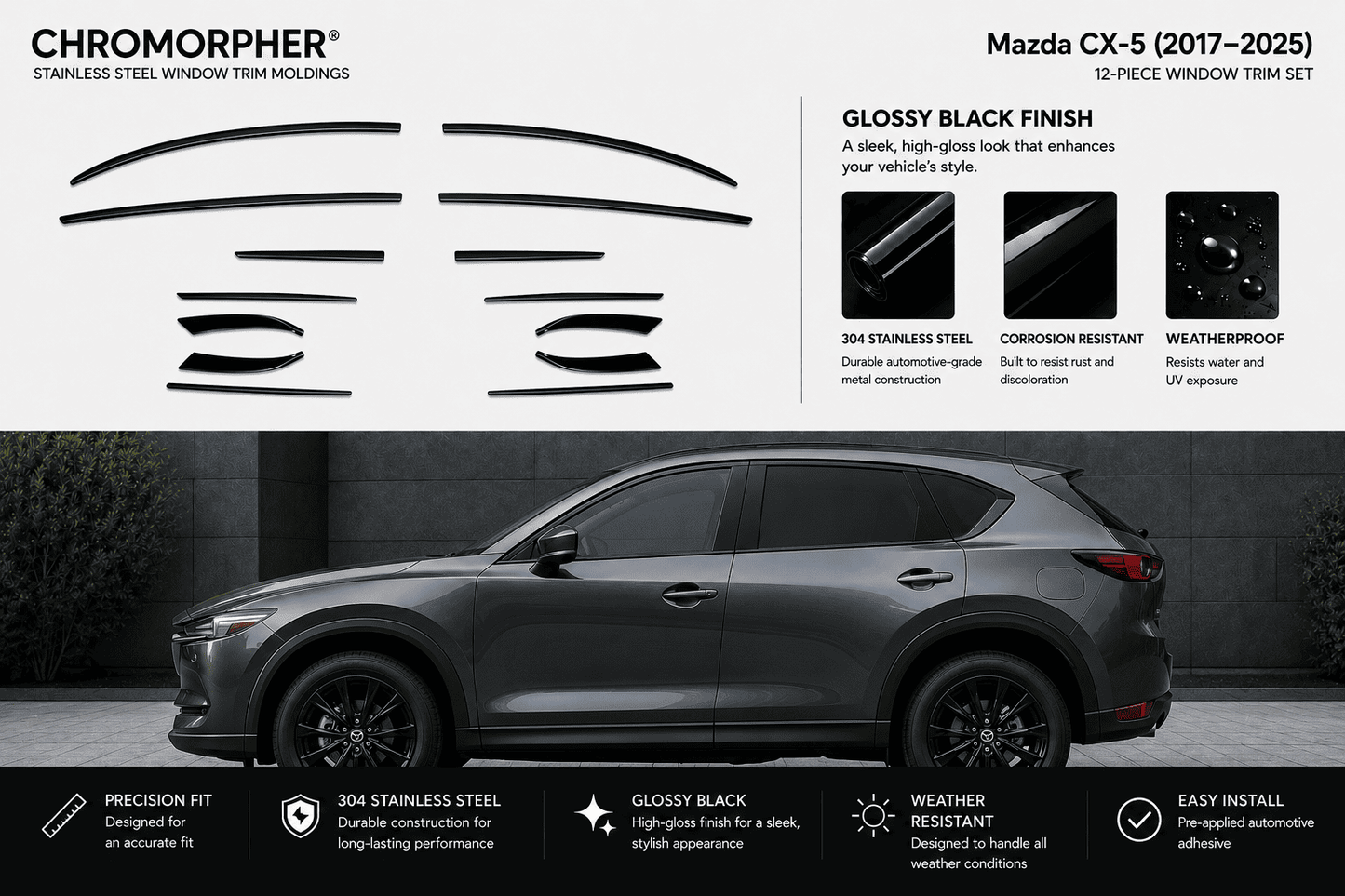 Chromorapher glossy black stainless steel window trim moldings shown as a 12-piece set for a Mazda CX-5, with product cutout shapes, feature callouts, and a dark gray Mazda CX-5 vehicle on a dark background.