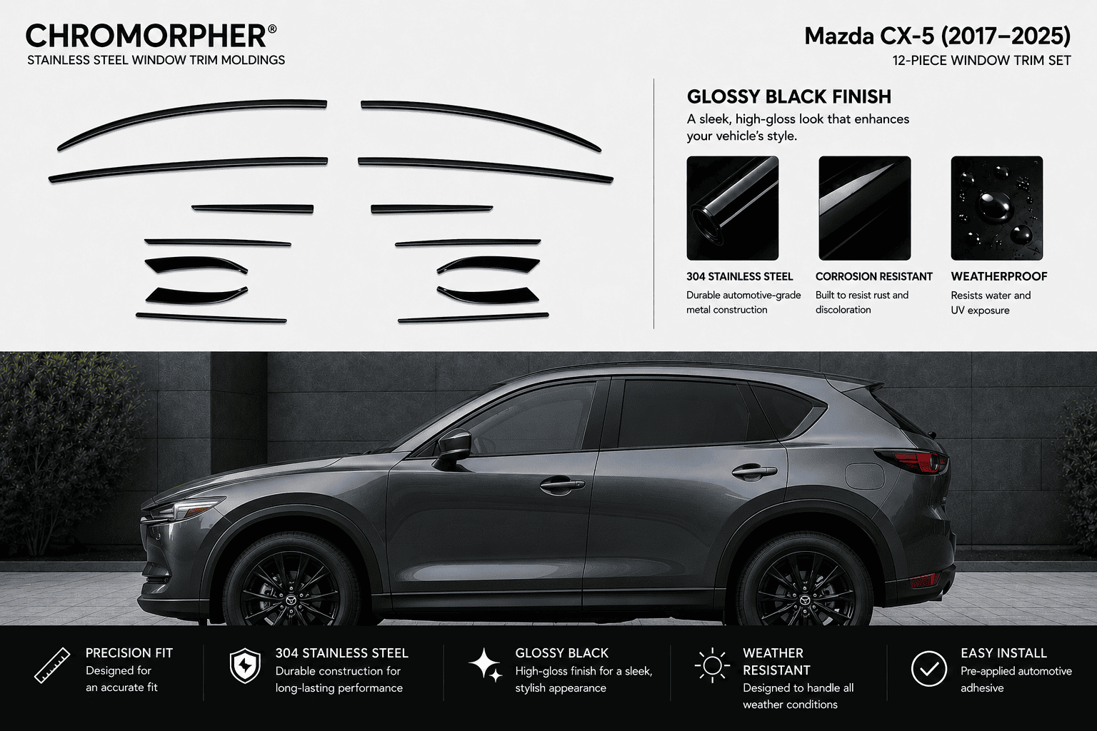 Chromorapher glossy black stainless steel window trim moldings shown as a 12-piece set for a Mazda CX-5, with product cutout shapes, feature callouts, and a dark gray Mazda CX-5 vehicle on a dark background.