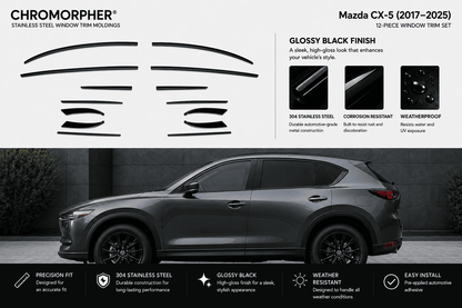 Chromorapher glossy black stainless steel window trim moldings shown as a 12-piece set for a Mazda CX-5, with product cutout shapes, feature callouts, and a dark gray Mazda CX-5 vehicle on a dark background.