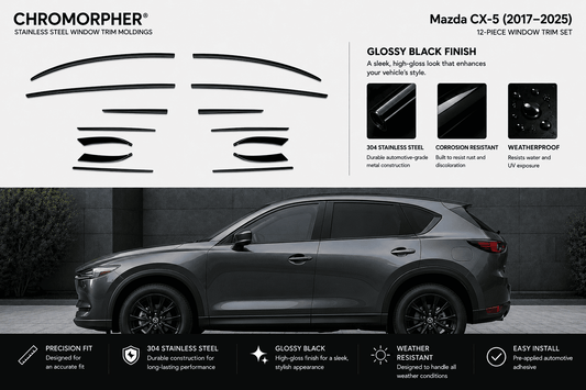 Chromorapher glossy black stainless steel window trim moldings shown as a 12-piece set for a Mazda CX-5, with product cutout shapes, feature callouts, and a dark gray Mazda CX-5 vehicle on a dark background.