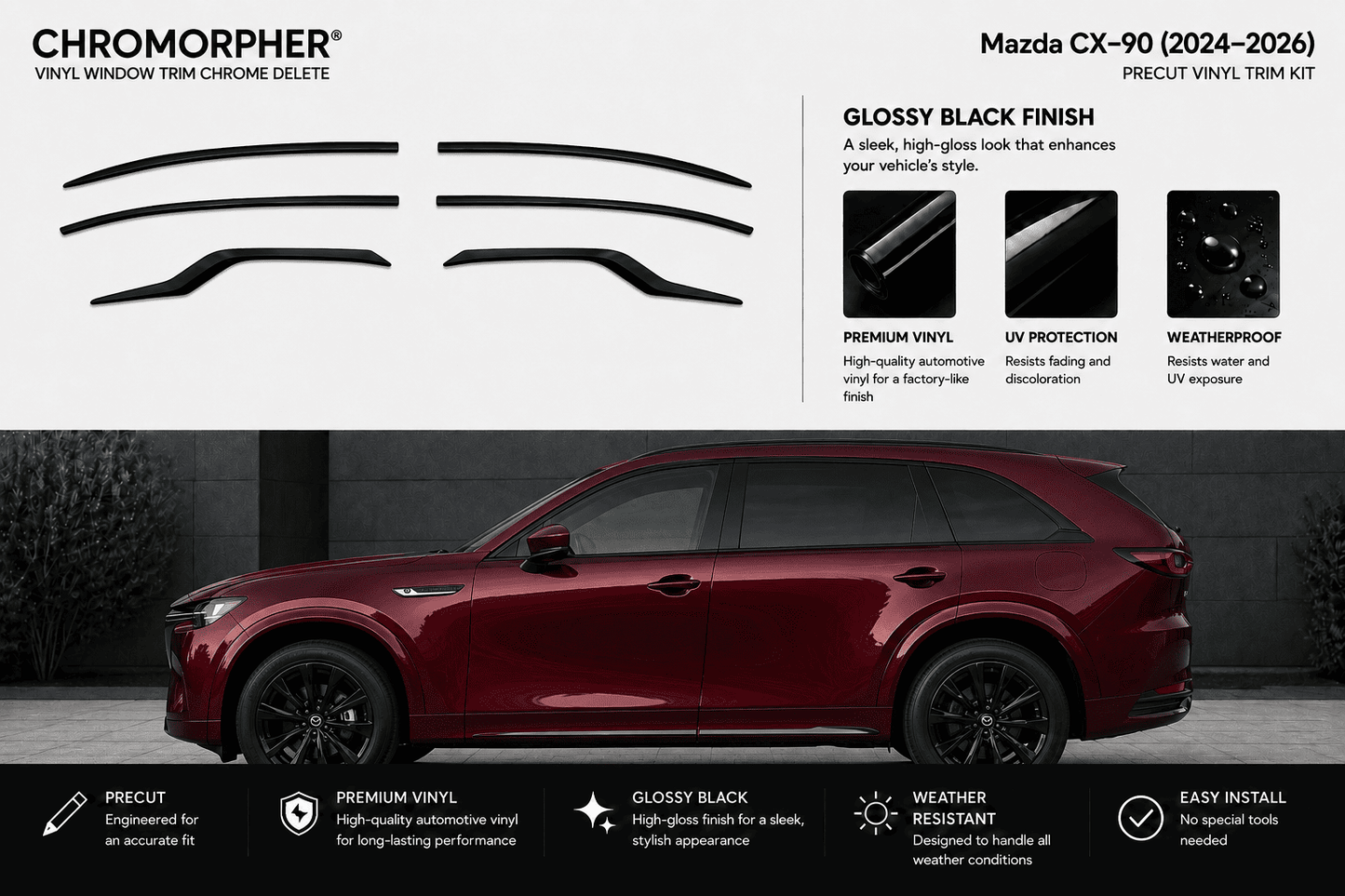 Chromorpher vinyl window trim chrome delete kit for a Mazda CX-9 (2024-2026), featuring a red car on a dark gray background with product cutout graphics and feature callouts.