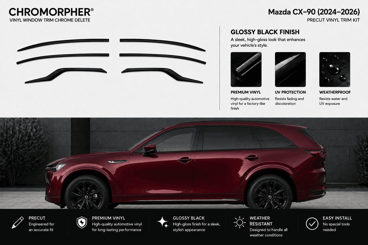 Chromorpher vinyl window trim chrome delete kit for a Mazda CX-9 (2024-2026), featuring a red car on a dark gray background with product cutout graphics and feature callouts.