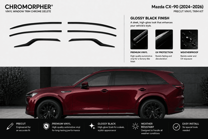 Chromorpher vinyl window trim chrome delete kit for a Mazda CX-9 (2024-2026), featuring a red car on a dark gray background with product cutout graphics and feature callouts.