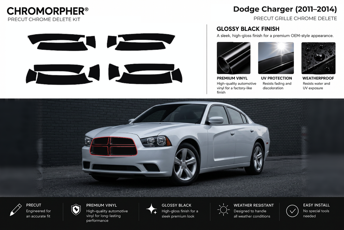 ChroMorpher Dodge Charger grille precut chrome delete kit (2011–2014) showing the precut vinyl pieces and the trim area outlined in red.