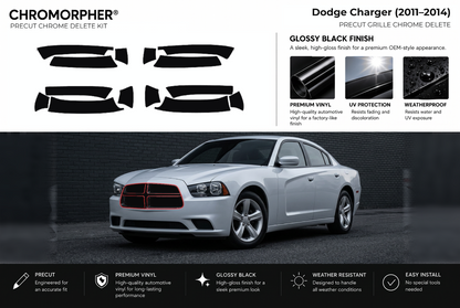 ChroMorpher Dodge Charger grille precut chrome delete kit (2011–2014) showing the precut vinyl pieces and the trim area outlined in red.