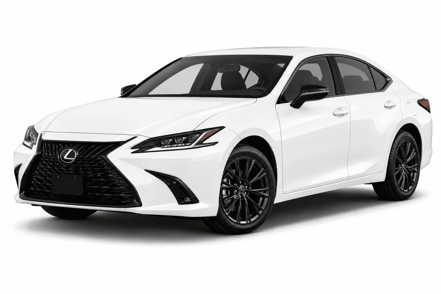 A white Lexus sedan with black wheels and black trim, photographed from a three-quarter front angle on a clean white background.