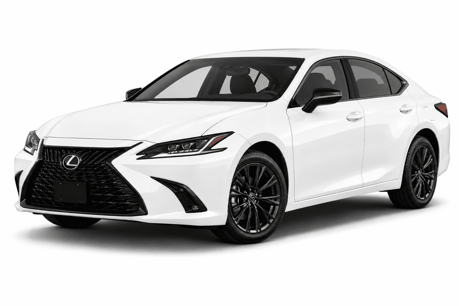 A white Lexus sedan with black wheels and black trim, photographed from a three-quarter front angle on a clean white background.