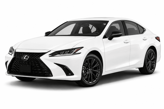 A white Lexus sedan with black wheels and black trim, photographed from a three-quarter front angle on a clean white background.