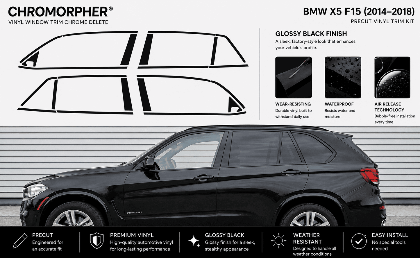 BMW X5 F15 (2014–2018) Complete Window Trim Chrome Delete Kit