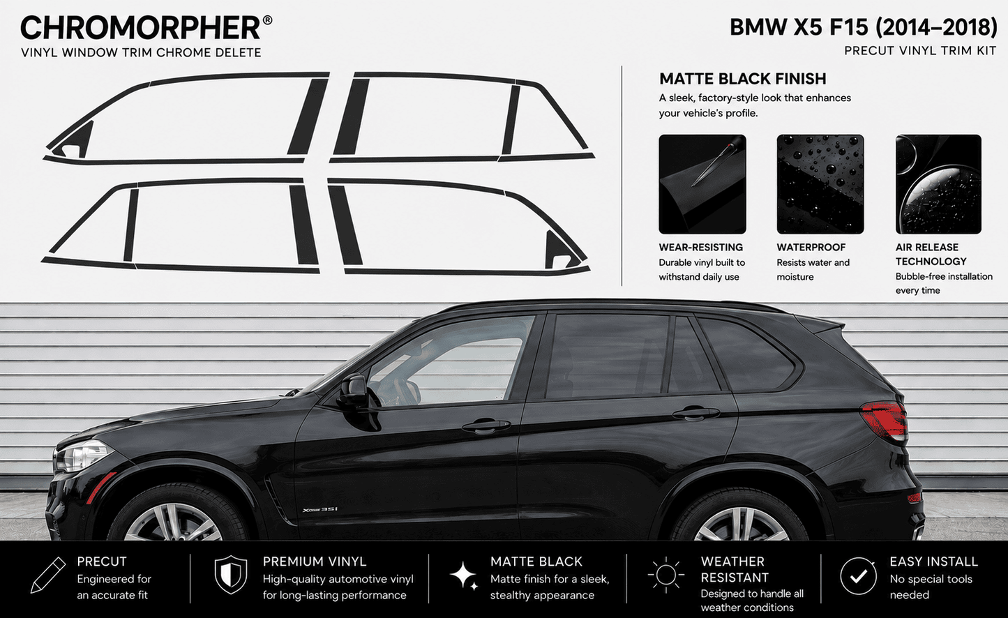 BMW X5 F15 (2014–2018) Complete Window Trim Chrome Delete Kit