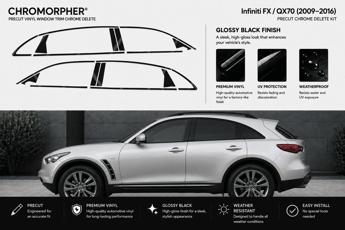 Chromorphor Infiniti FX / QX70 (2009-2016) Precut Chrome Delete Kit in glossy black finish, showing the vinyl decal shapes on a white background with a silver Infiniti QX70 car pictured below to demonstrate the application.