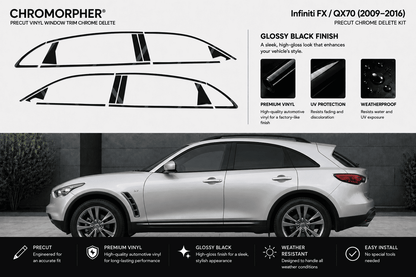 Chromorphor Infiniti FX / QX70 (2009-2016) Precut Chrome Delete Kit in glossy black finish, showing the vinyl decal shapes on a white background with a silver Infiniti QX70 car pictured below to demonstrate the application.