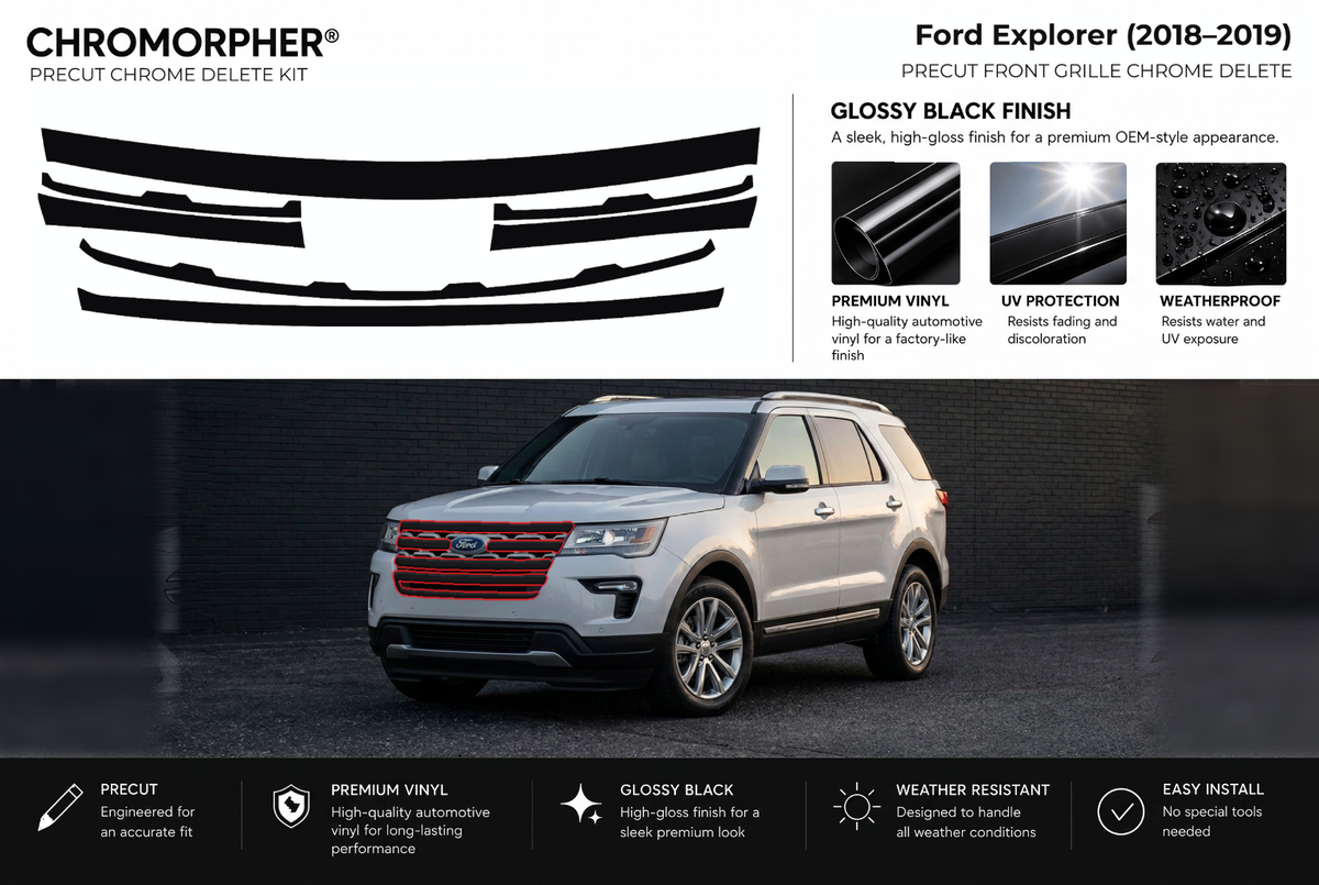 ChroMorpher Ford Explorer front precut chrome delete kit (2018–2019) showing the precut vinyl pieces and the trim area outlined in red.