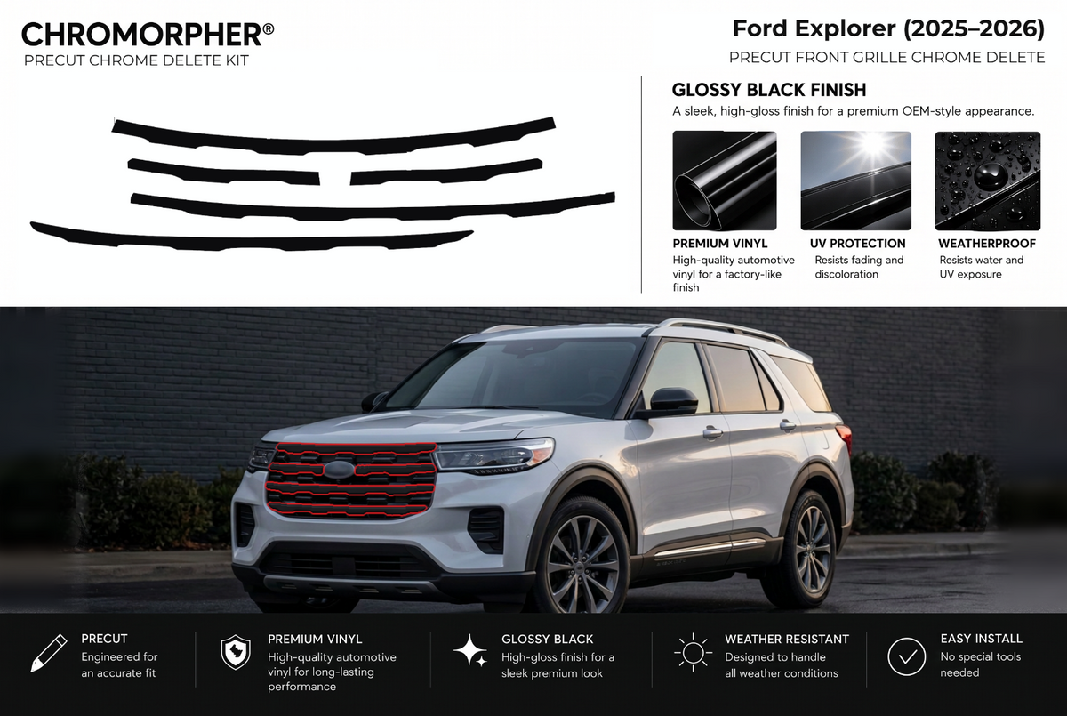 ChroMorpher Ford Explorer front precut chrome delete kit (2025–2026) showing the precut vinyl pieces and the trim area outlined in red.