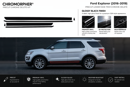 ChroMorpher Ford Explorer lower sides precut chrome delete kit (2016–2019) showing the precut vinyl pieces and the trim area outlined in red.