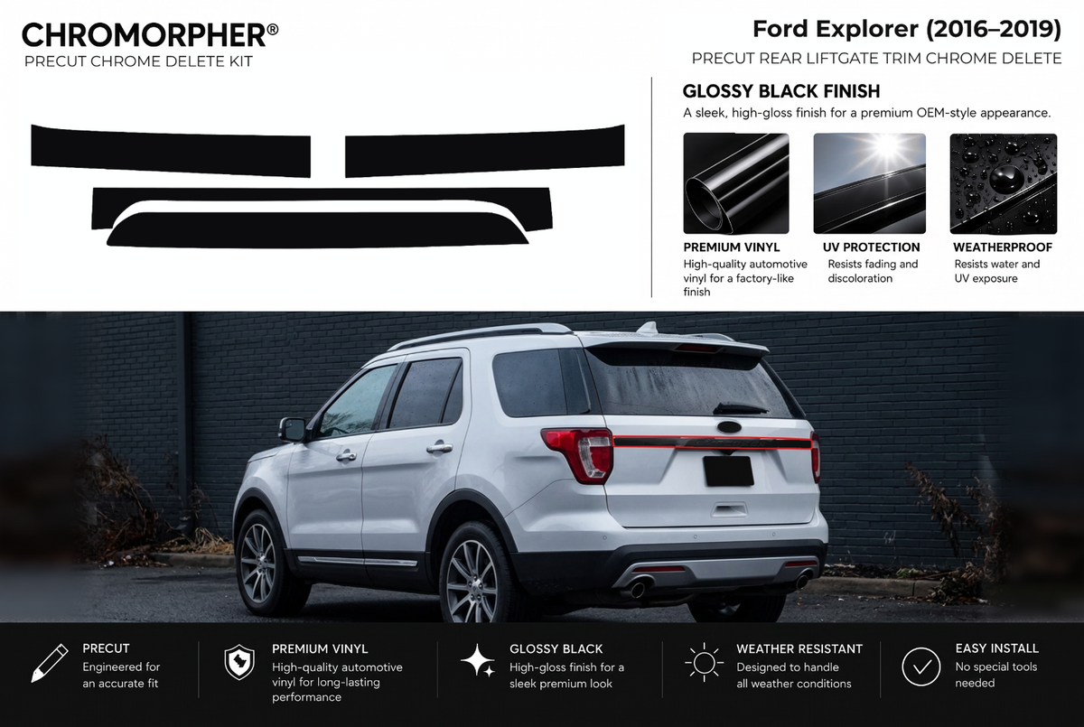 ChroMorpher Ford Explorer rear precut chrome delete kit (2016–2019) showing the precut vinyl pieces and the trim area outlined in red.