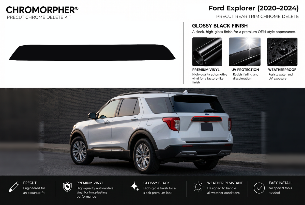 ChroMorpher Ford Explorer rear precut chrome delete kit (2020–2024) showing the precut vinyl pieces and the trim area outlined in red.