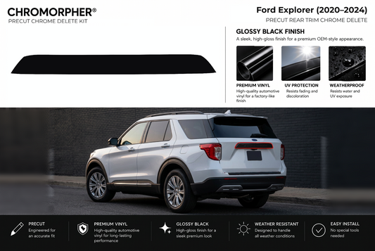ChroMorpher Ford Explorer rear precut chrome delete kit (2020–2024) showing the precut vinyl pieces and the trim area outlined in red.