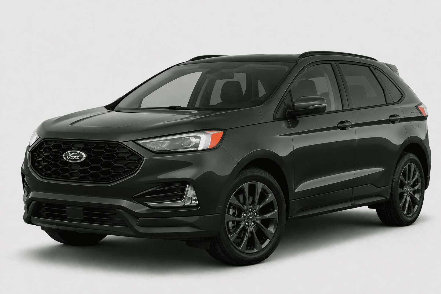 A dark gray Ford Edge SUV shown from a three-quarter front angle on a light gray studio background.