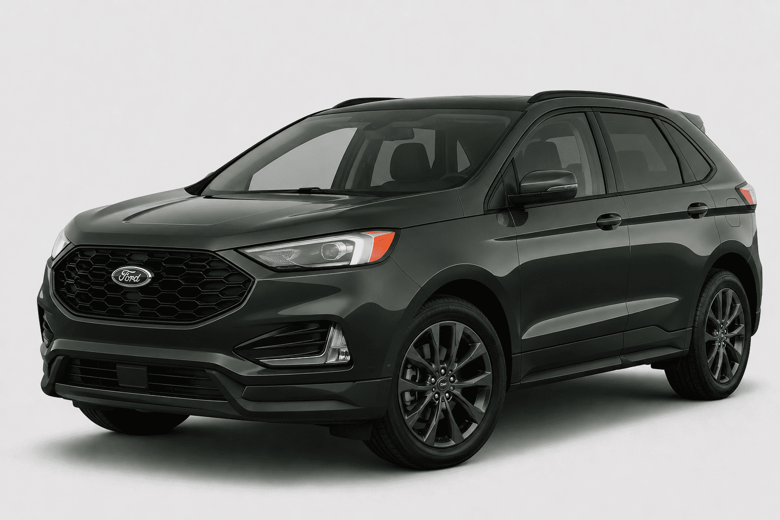 A dark gray Ford Edge SUV shown from a three-quarter front angle on a light gray studio background.