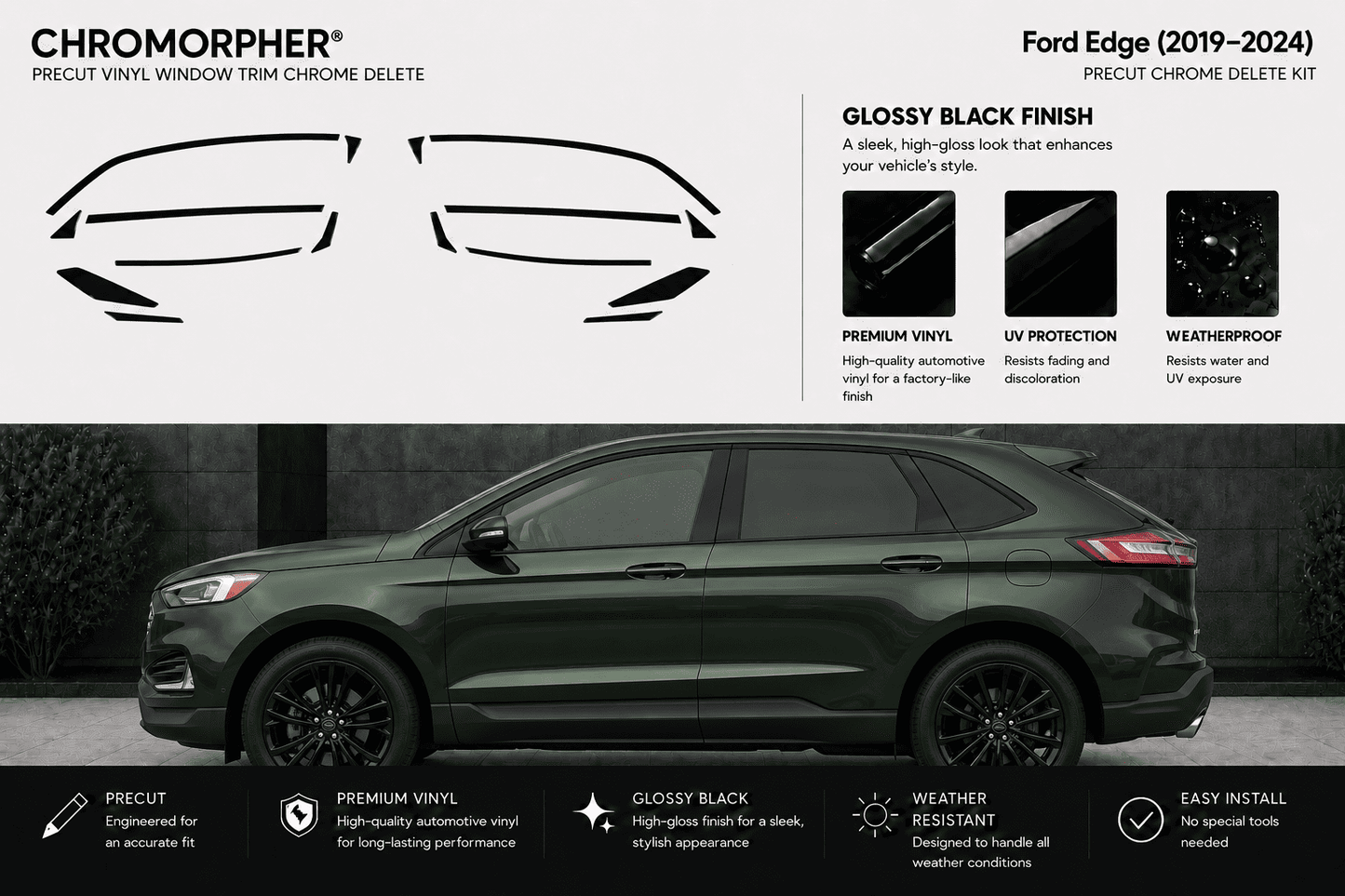 Chromorpher Precut Chrome Delete Kit for Ford Edge (2019-2024) glossy black vinyl window trim. The graphic shows the product's black vinyl cutout shapes at the top, feature callouts, and a side view of a dark green Ford Edge with the installed chrome delete kit.