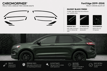 Chromorpher Precut Chrome Delete Kit for Ford Edge (2019-2024) glossy black vinyl window trim. The graphic shows the product's black vinyl cutout shapes at the top, feature callouts, and a side view of a dark green Ford Edge with the installed chrome delete kit.