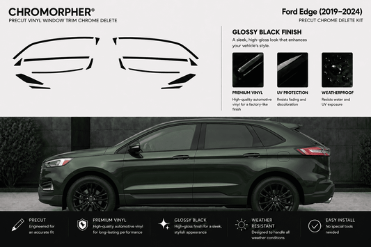Chromorpher Precut Chrome Delete Kit for Ford Edge (2019-2024) glossy black vinyl window trim. The graphic shows the product's black vinyl cutout shapes at the top, feature callouts, and a side view of a dark green Ford Edge with the installed chrome delete kit.