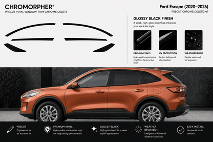 Chromorpher Precut Vinyl Window Trim Chrome Delete Kit shown with black outline graphics of the trim pieces and a large orange Ford Escape SUV on a dark background, with feature callouts and installation benefits.