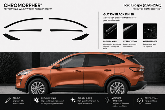 Chromorpher Precut Vinyl Window Trim Chrome Delete Kit shown with black outline graphics of the trim pieces and a large orange Ford Escape SUV on a dark background, with feature callouts and installation benefits.