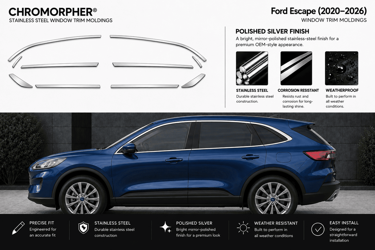 A blue Ford Escape SUV shown with chrome window trim molding decals displayed above on a white background. The image includes text callouts for Chromorphor stainless steel window trim moldings, a polished silver finish, and feature badges such as precise fit, stainless steel construction, and weather resistant design.