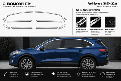A blue Ford Escape SUV shown with chrome window trim molding decals displayed above on a white background. The image includes text callouts for Chromorphor stainless steel window trim moldings, a polished silver finish, and feature badges such as precise fit, stainless steel construction, and weather resistant design.