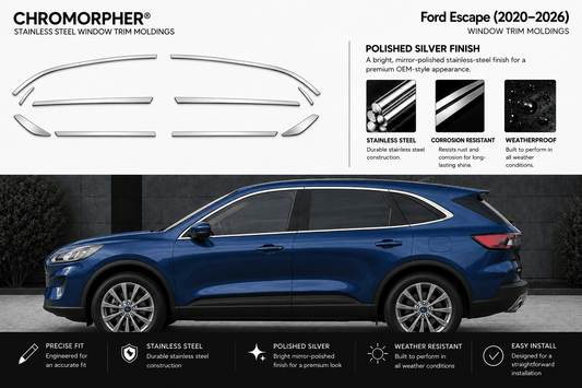 A blue Ford Escape SUV shown with chrome window trim molding decals displayed above on a white background. The image includes text callouts for Chromorphor stainless steel window trim moldings, a polished silver finish, and feature badges such as precise fit, stainless steel construction, and weather resistant design.