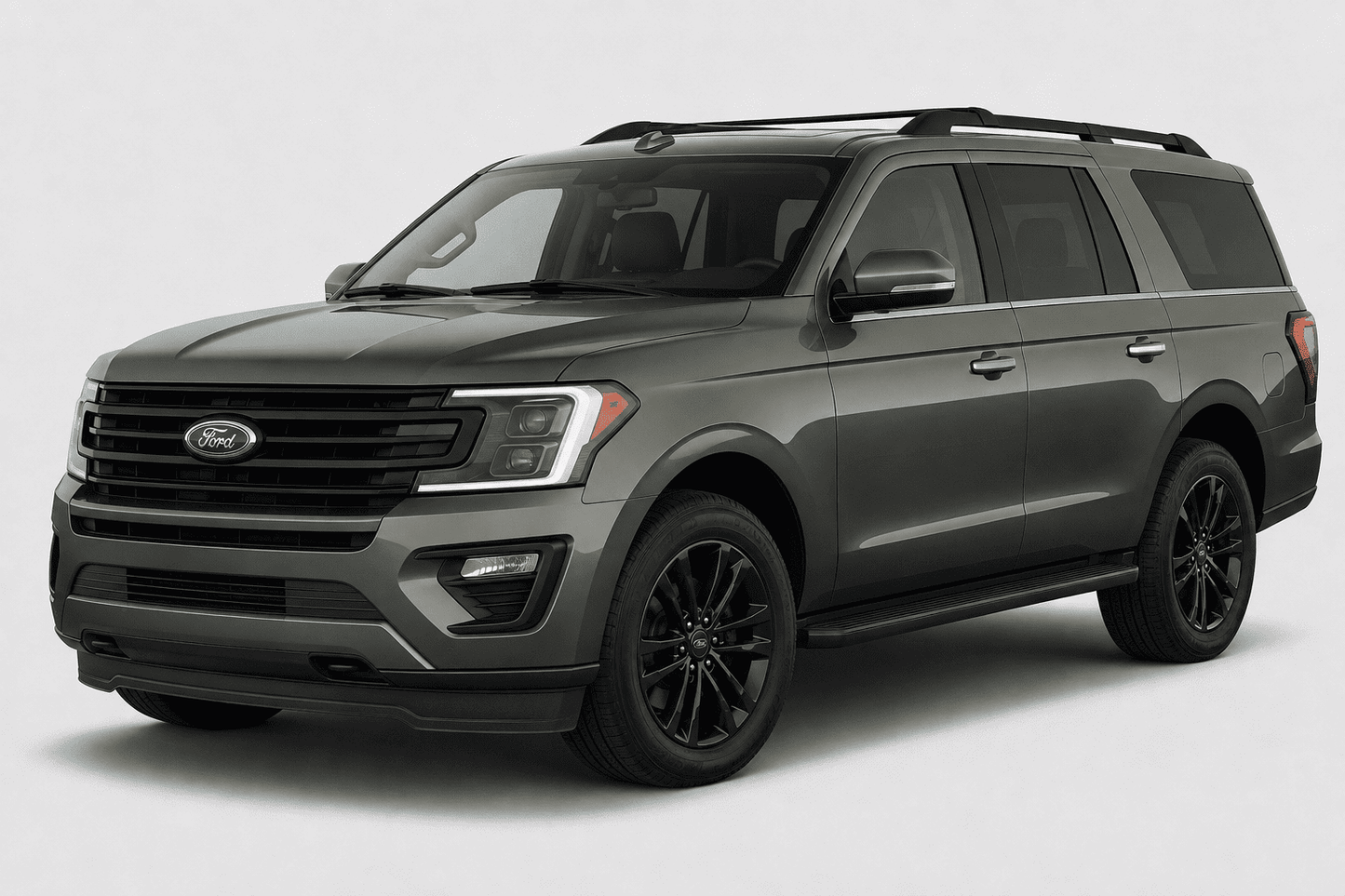 A dark gray Ford Expedition MAX SUV with black wheels, black roof rails, and a black front grille, shown from a three-quarter front angle on a light gray studio background.