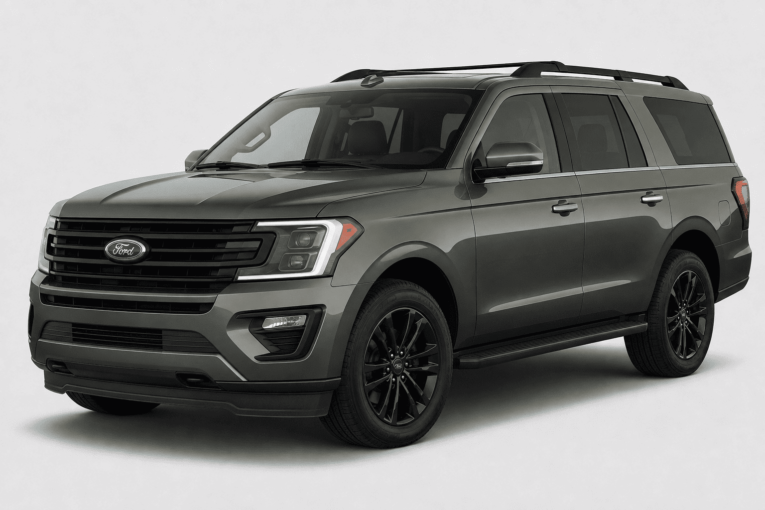A dark gray Ford Expedition MAX SUV with black wheels, black roof rails, and a black front grille, shown from a three-quarter front angle on a light gray studio background.