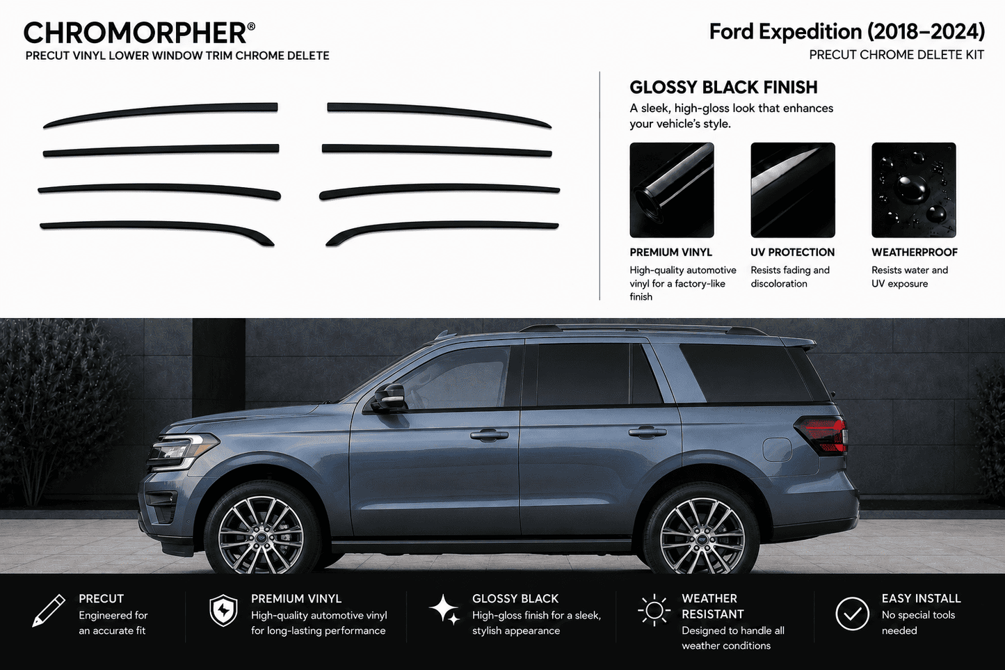 Ford Expedition 2018-2024 Chromorphor Precut Vinyl Lower Window Trim Chrome Delete Kit in glossy black finish, shown with graphic strip layouts and a side view of the vehicle.
