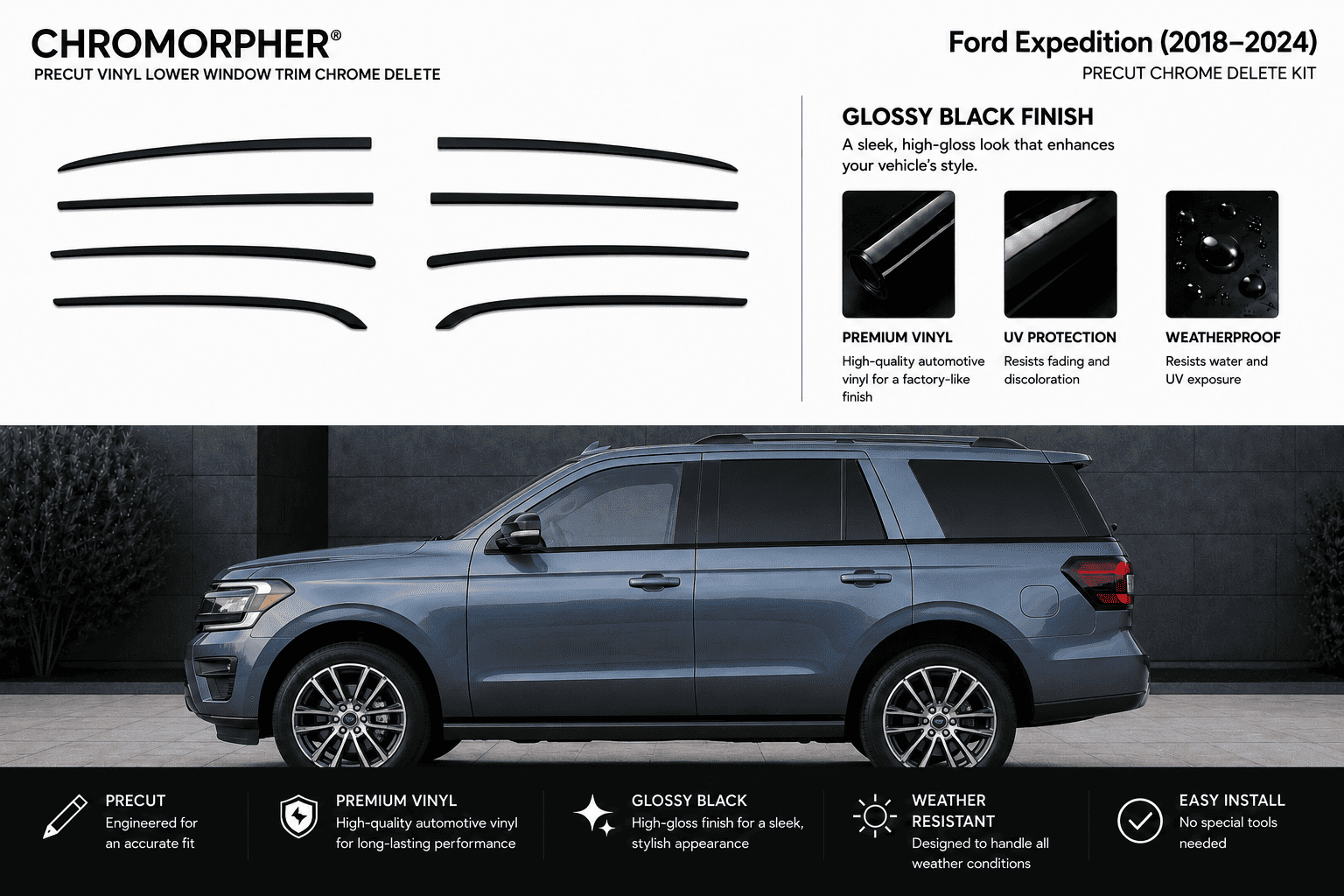 Ford Expedition 2018-2024 Chromorphor Precut Vinyl Lower Window Trim Chrome Delete Kit in glossy black finish, shown with graphic strip layouts and a side view of the vehicle.