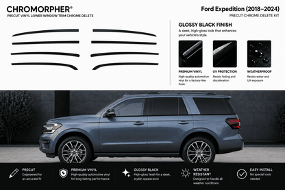 Ford Expedition 2018-2024 Chromorphor Precut Vinyl Lower Window Trim Chrome Delete Kit in glossy black finish, shown with graphic strip layouts and a side view of the vehicle.