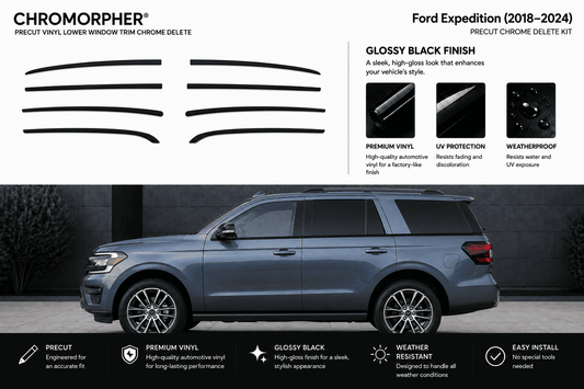 Ford Expedition 2018-2024 Chromorphor Precut Vinyl Lower Window Trim Chrome Delete Kit in glossy black finish, shown with graphic strip layouts and a side view of the vehicle.