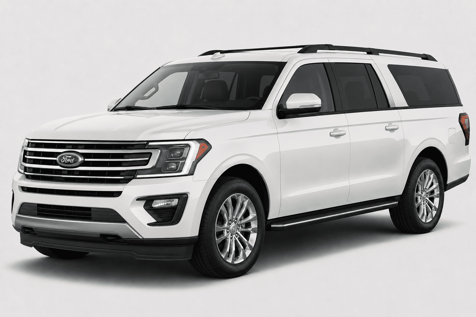A white Ford Expedition Max SUV shown from a three-quarter front angle against a light gray studio background.