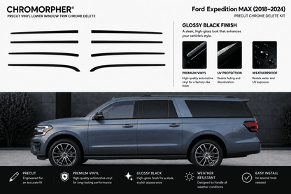 Ford Expedition MAX 2018-2024 chroma delete kit graphic showing multiple black chrome trim pieces, gloss black finish details, and a side view of a gray SUV on a dark background.