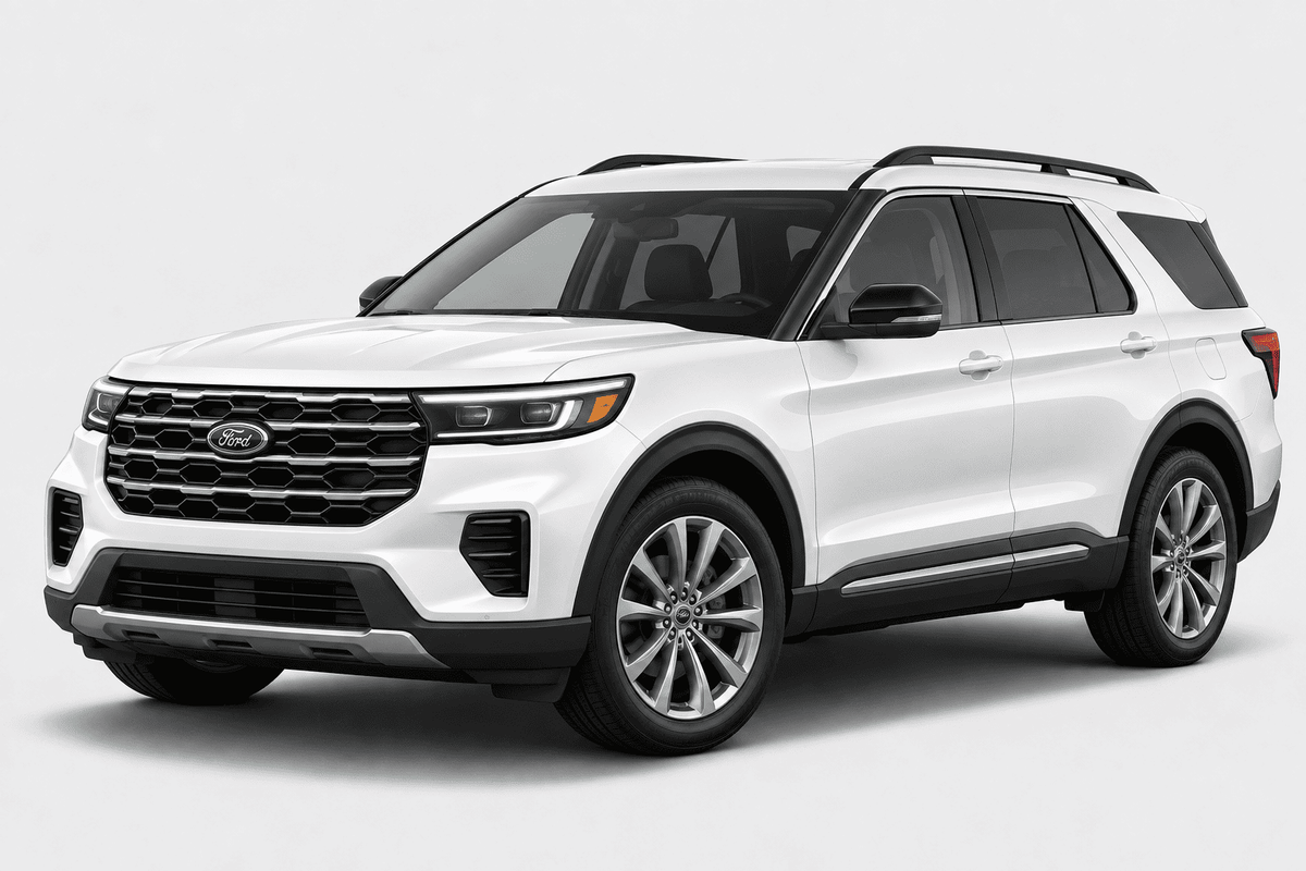 A white Ford Explorer SUV shown from a three-quarter front angle on a light gray studio background.
