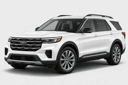 A white Ford Explorer SUV shown from a three-quarter front angle on a light gray studio background.