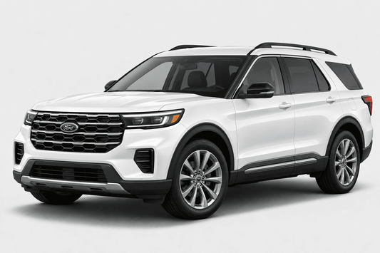 A white Ford Explorer SUV shown from a three-quarter front angle on a light gray studio background.