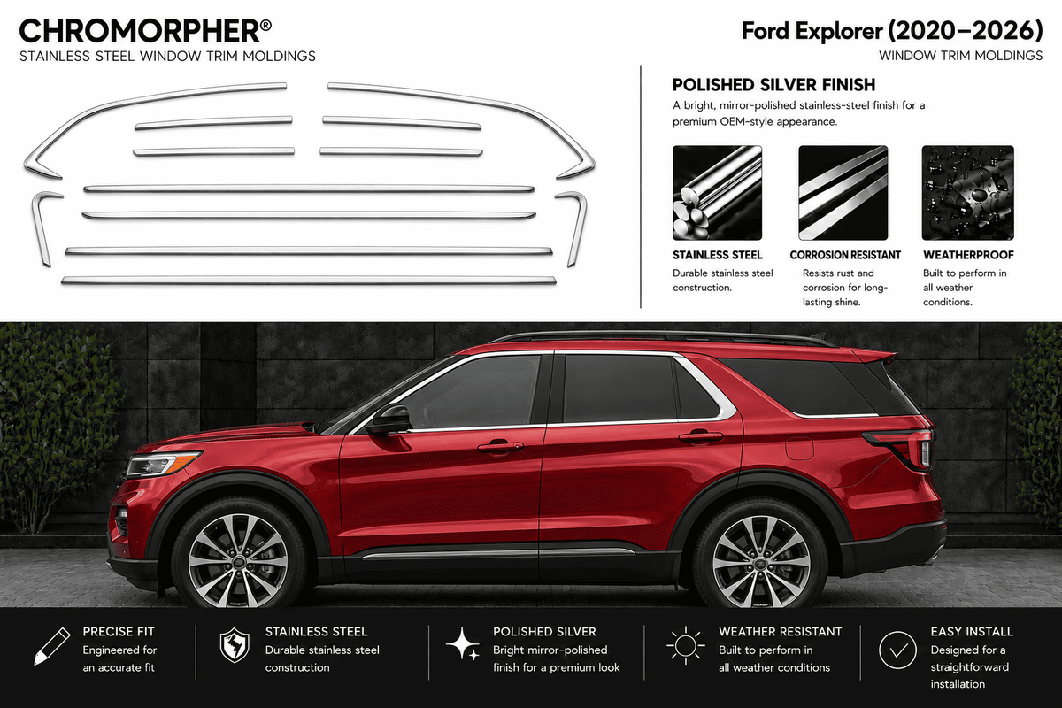 Chromorpher stainless steel window trim moldings for Ford Explorer (2020-2026) shown as a product graphic with a red SUV on a dark background, featuring product details, finish benefits, and installation highlights.