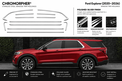 Chromorpher stainless steel window trim moldings for Ford Explorer (2020-2026) shown as a product graphic with a red SUV on a dark background, featuring product details, finish benefits, and installation highlights.