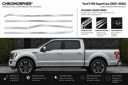 Chromorphor Ford F-150 SuperCrew lower window trim moldings shown as four chrome silver metal pieces on the top half, alongside feature callouts, with a silver pickup truck on the bottom half demonstrating fitment.