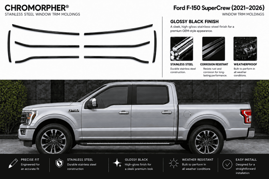 Chromorpher Ford F-150 SuperCrew stainless steel window trim moldings shown on a white background with a silver Ford truck below demonstrating fitment. The top section shows the four black curved trim pieces and product features, while the bottom section features a side view of the truck with feature callouts.