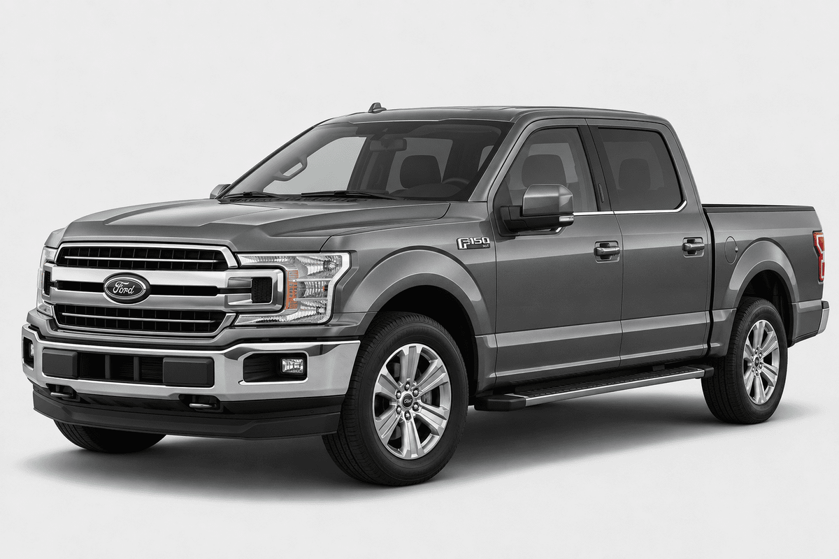A dark gray Ford F-150 pickup truck shown from a three-quarter front angle on a light gray studio background.