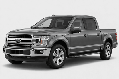 A dark gray Ford F-150 pickup truck shown from a three-quarter front angle on a light gray studio background.