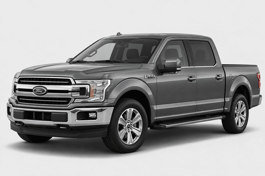 A dark gray Ford F-150 pickup truck shown from a three-quarter front angle on a light gray studio background.